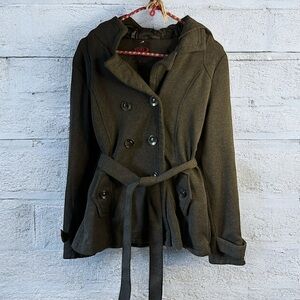 YOKI marled gray jacket pea coat black double breasted pockets belted RR1n